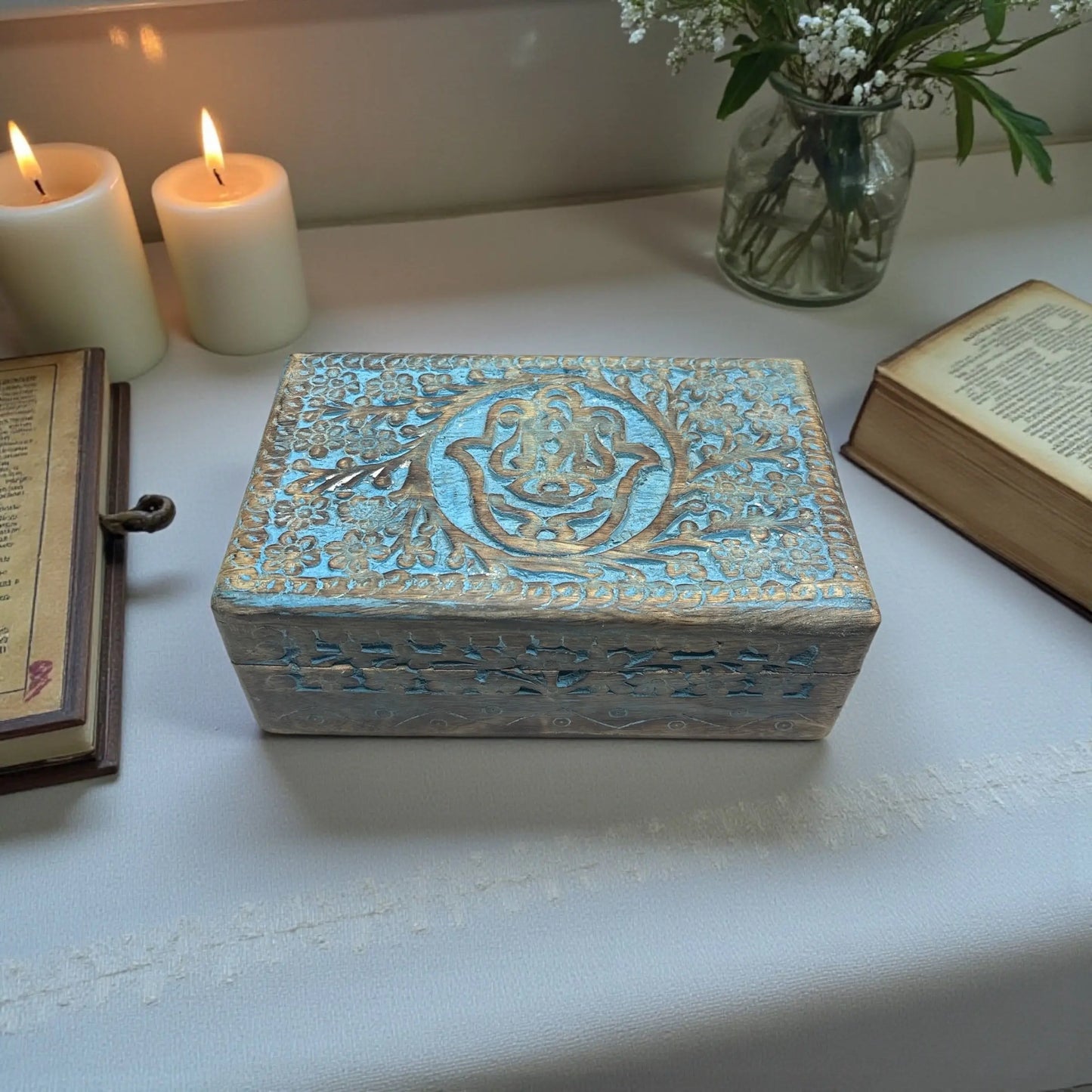 Blue Wooden Protection Magic Box Hamsa Symbol Engraved Soulara Life
