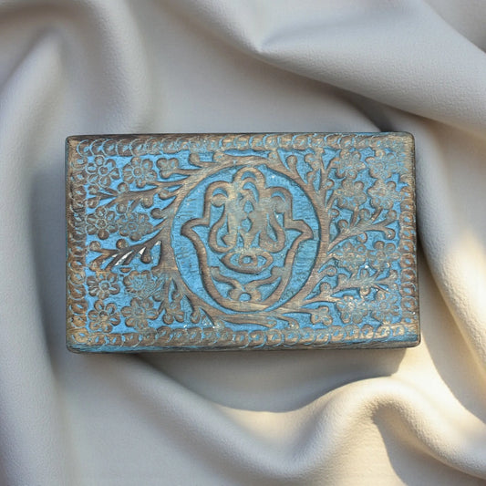 Blue Wooden Protection Magic Box Hamsa Symbol Engraved Soulara Life