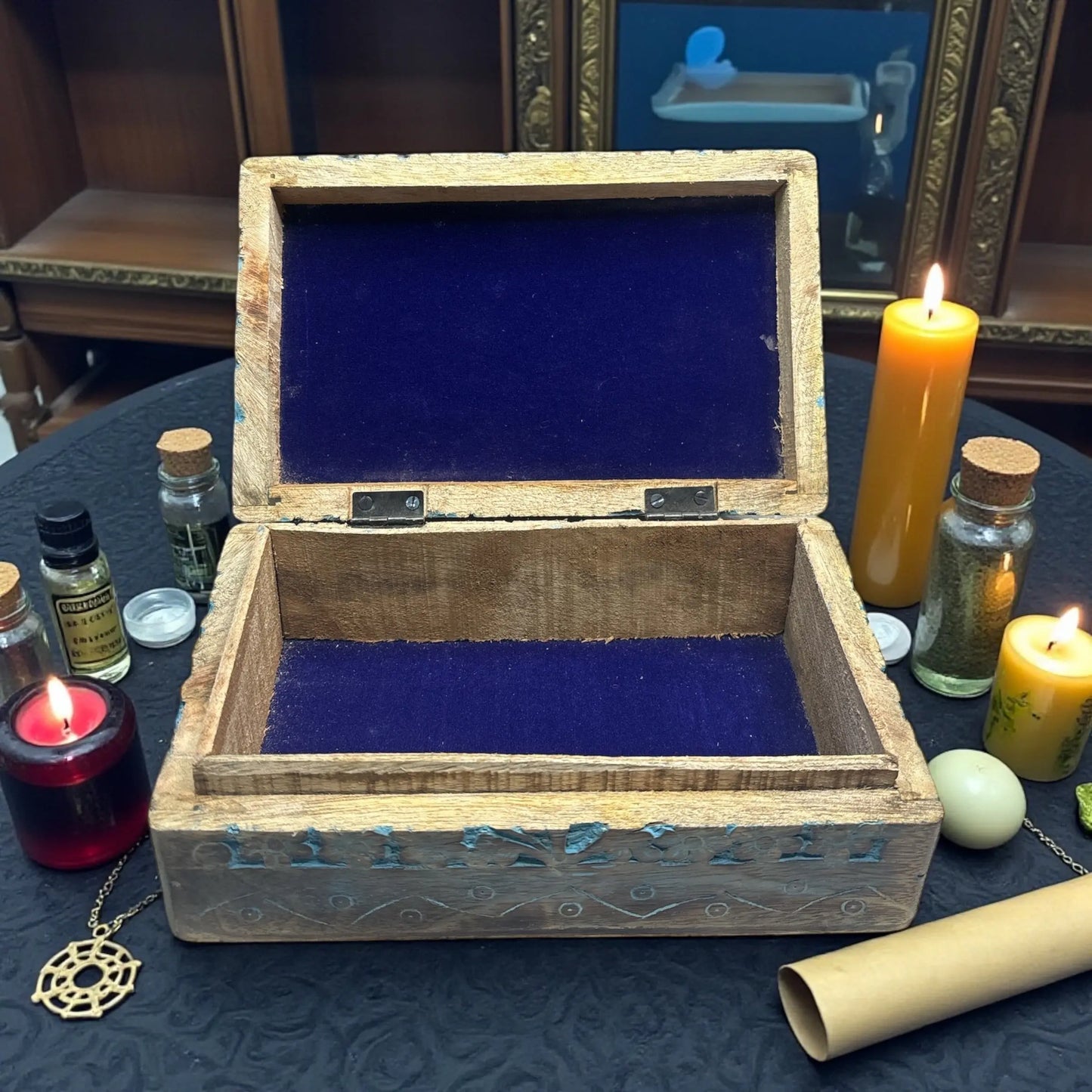 Blue Wooden Elemental Balance Box Pentacle Symbol Engraved Soulara Life