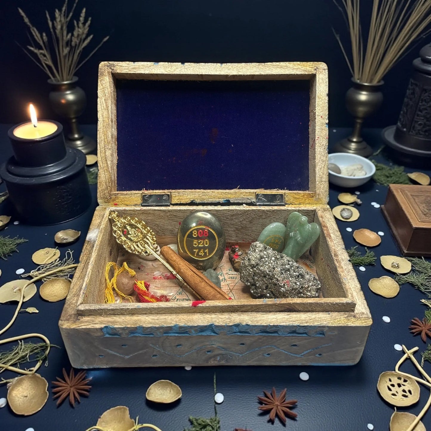 Blue Wooden Manifestation Magic Box Flower of Life Engraved Soulara Life