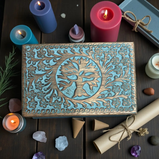 Wooden Transformation Magic Box Tree of Life Engraved Blue Wooden Soulara Life