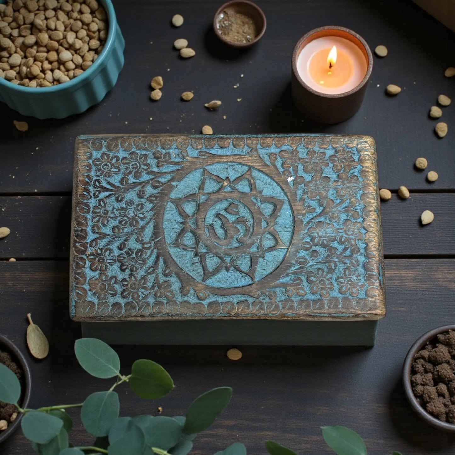Wooden Blue Magic Box – OM Engraved Soulara Life