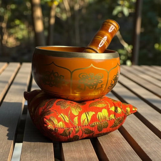 Brass Singing Bowl – Orange Colour with 8 Lucky Symbols Engraved - Soulara Life