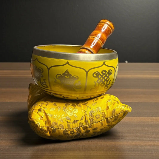 Brass Singing Bowl – Yellow Colour with 8 Lucky Symbols Engraved - Soulara Life