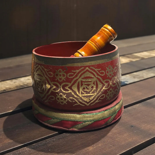 Brass Singing Bowl – Red Colour with Root Chakra Symbol - Soulara Life