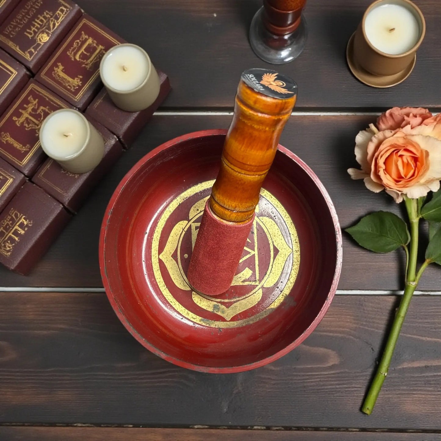 Brass Singing Bowl – Red Colour with Root Chakra Symbol - Soulara Life