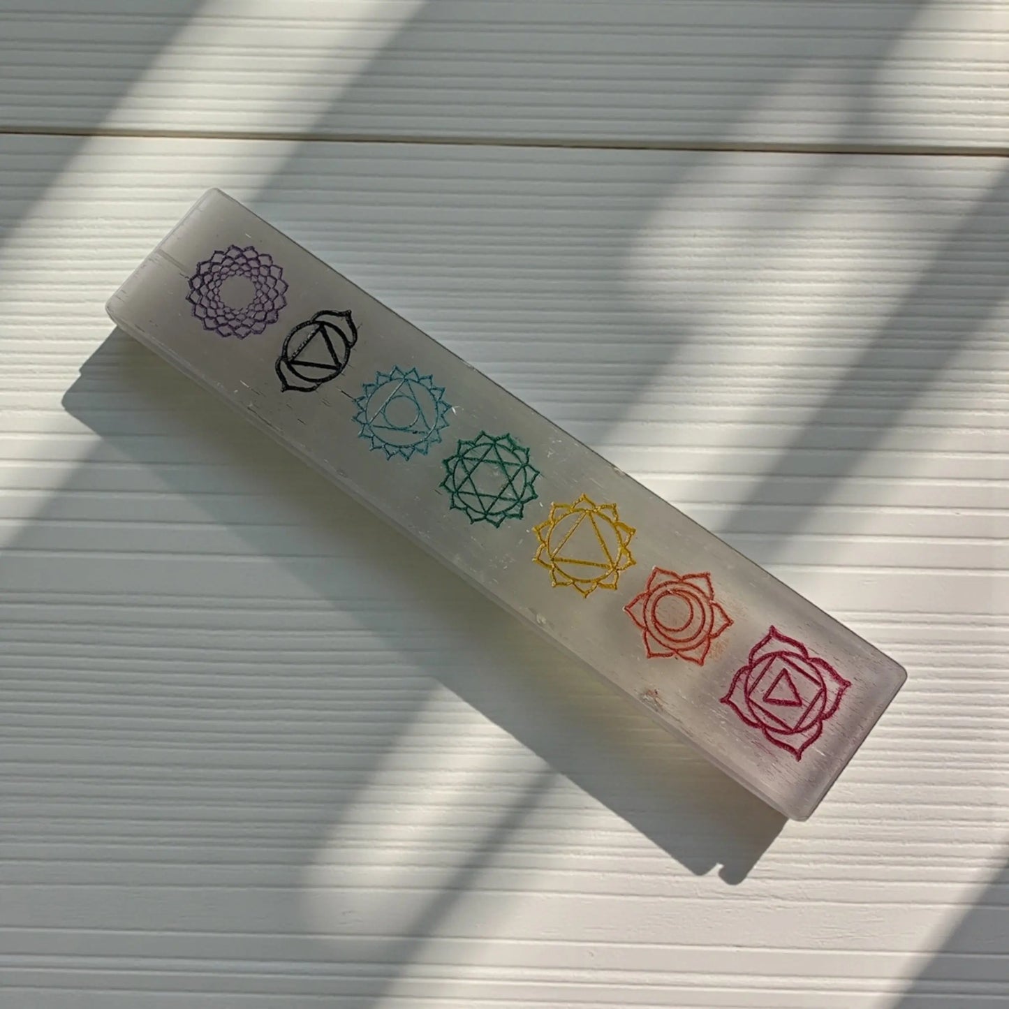 Selenite Strip with 7 Chakra Symbols - Soulara Life