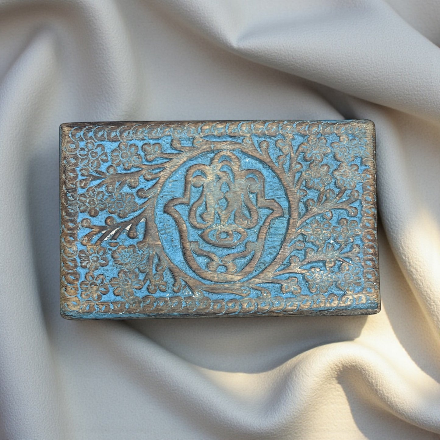 Blue Wooden Protection Magic Box Hamsa Symbol Engraved