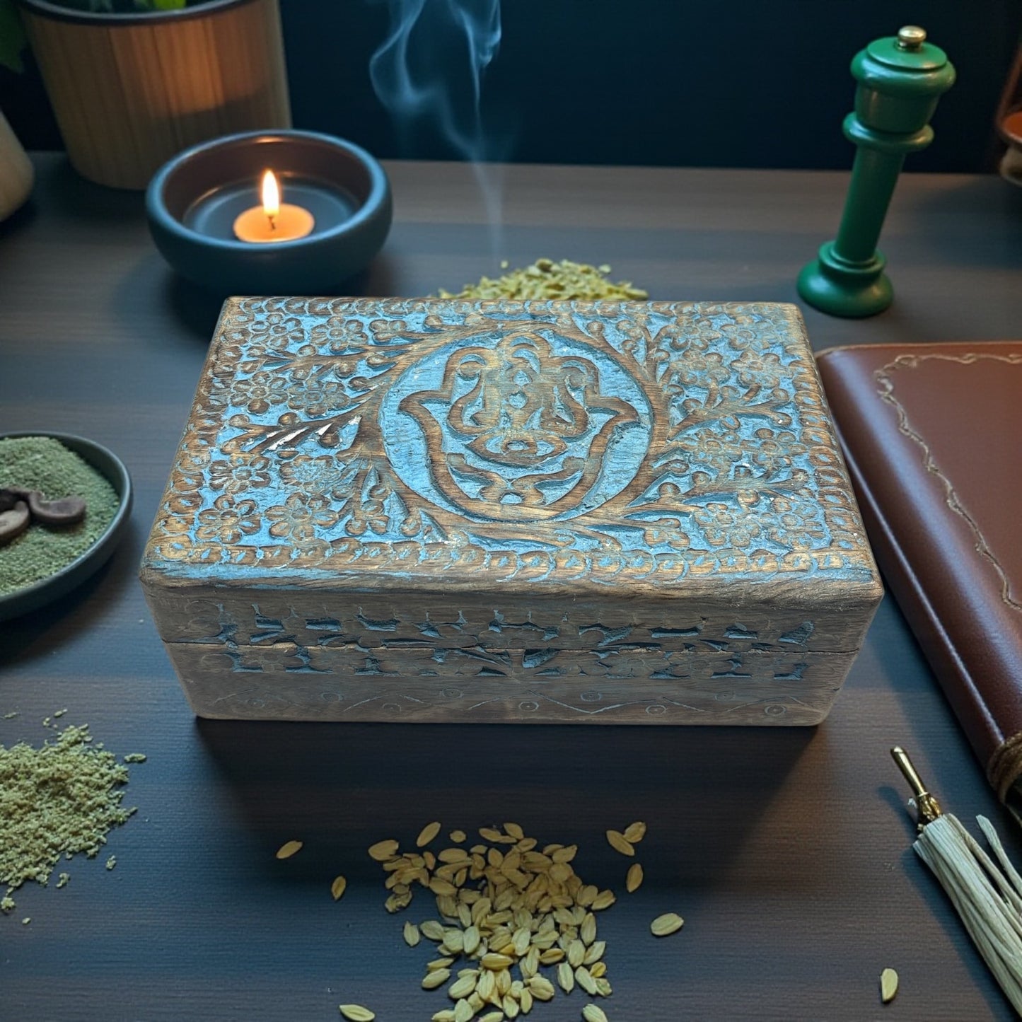 Blue Wooden Protection Magic Box Hamsa Symbol Engraved
