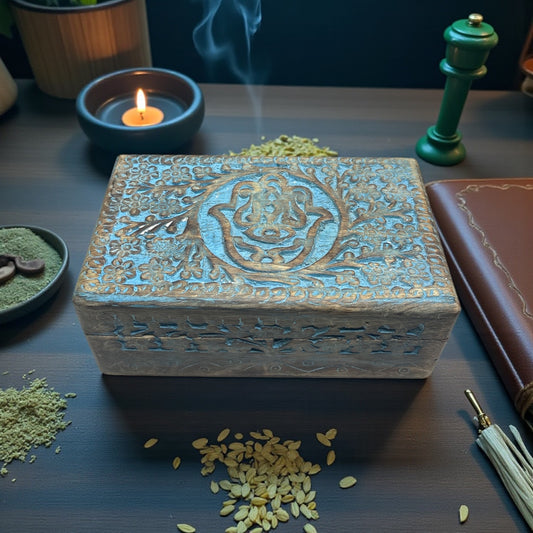 Blue Wooden Protection Magic Box Hamsa Symbol Engraved