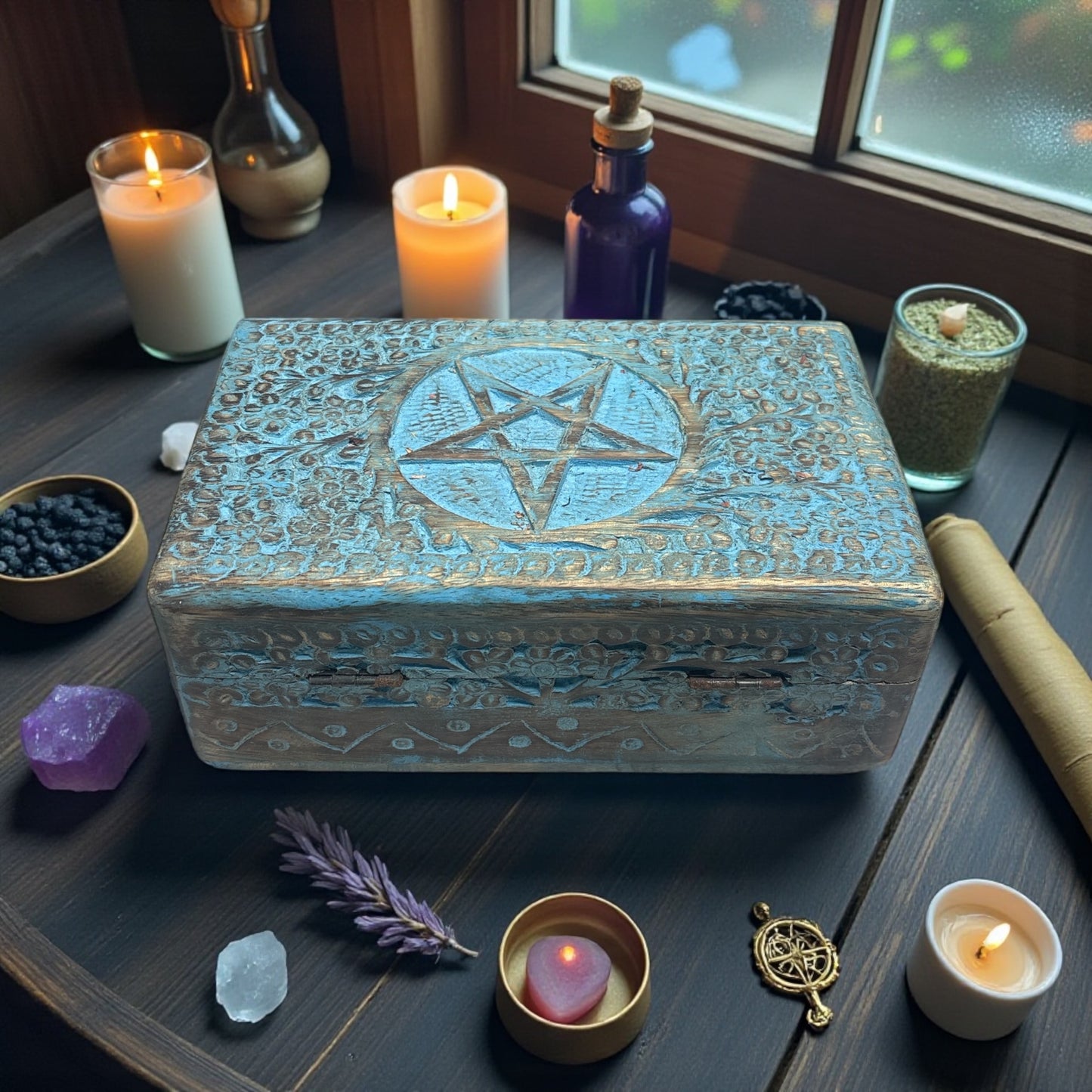 Blue Wooden Elemental Balance Box Pentacle Symbol Engraved