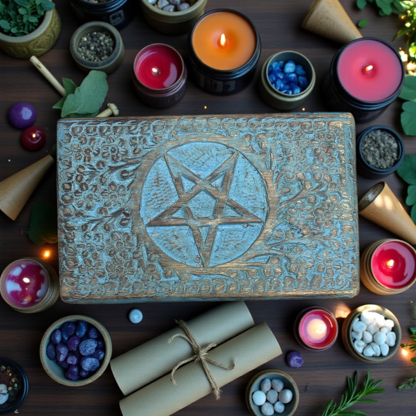 Blue Wooden Elemental Balance Box Pentacle Symbol Engraved