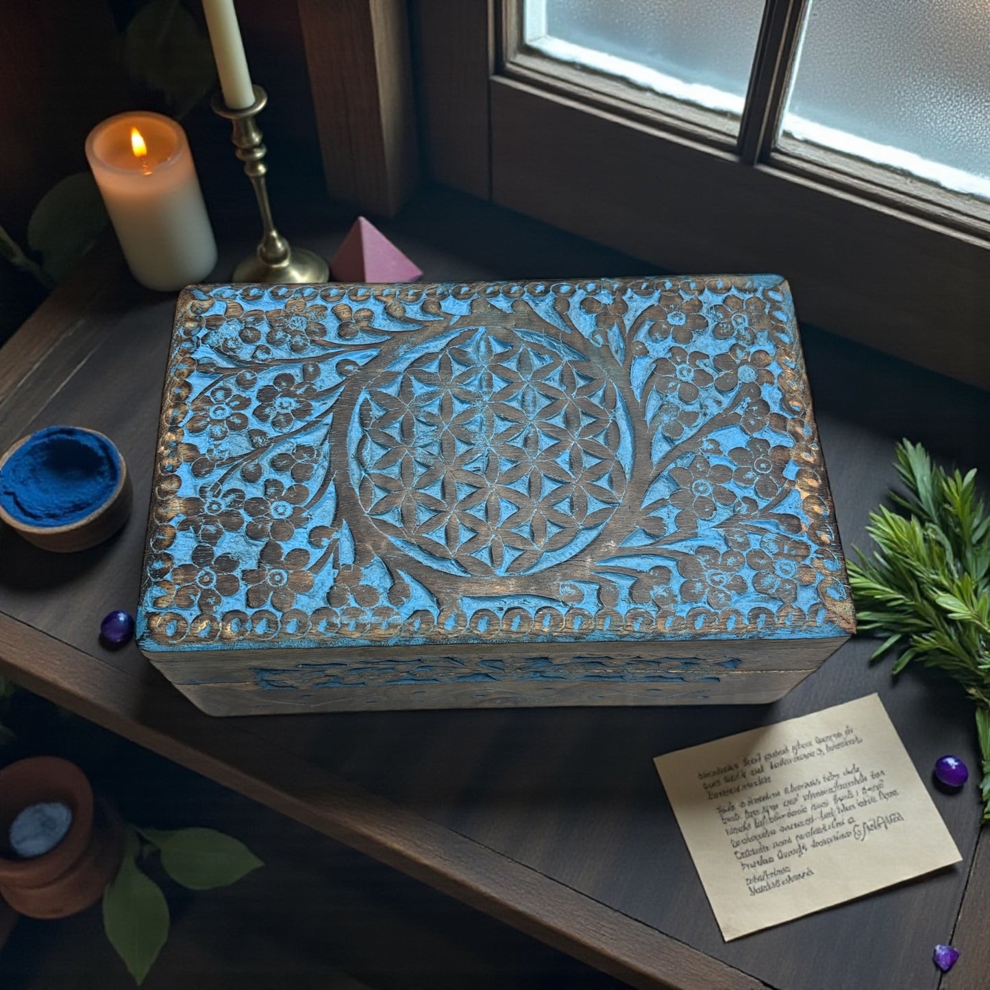 Blue Wooden Manifestation Magic Box Flower of Life Engraved