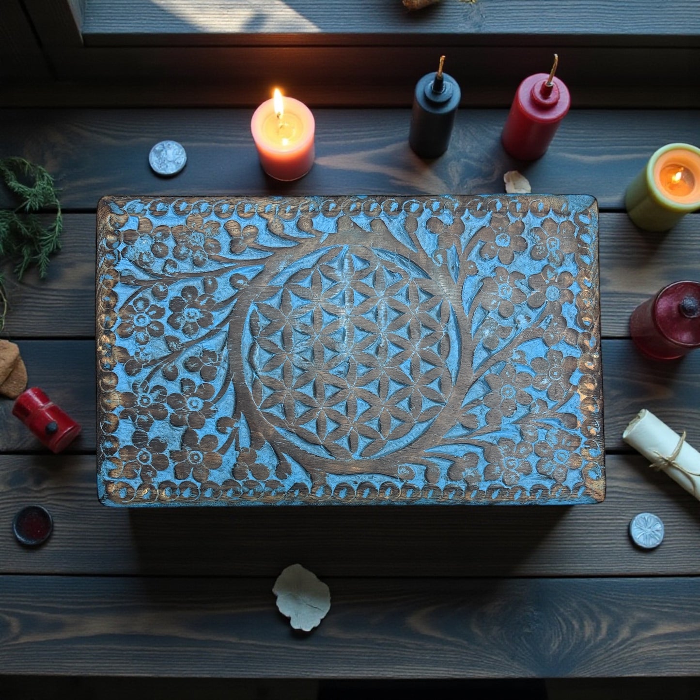 Blue Wooden Manifestation Magic Box Flower of Life Engraved