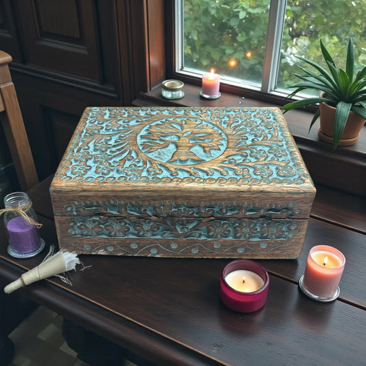 Wooden Transformation Magic Box Tree of Life Engraved Blue Wooden