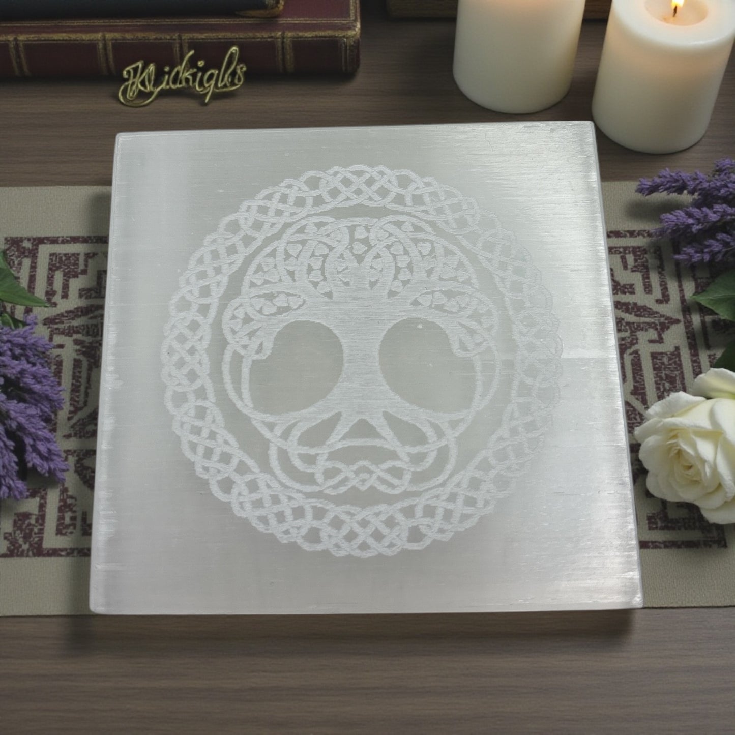 Selenite Tree of Life Square Plate