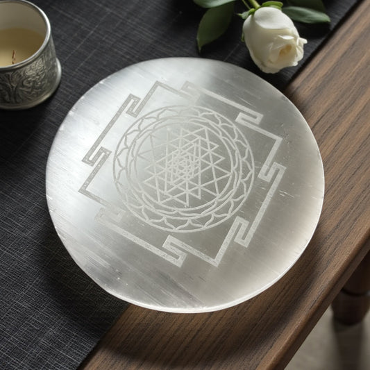 Selenite Shree Yantra Square Plate