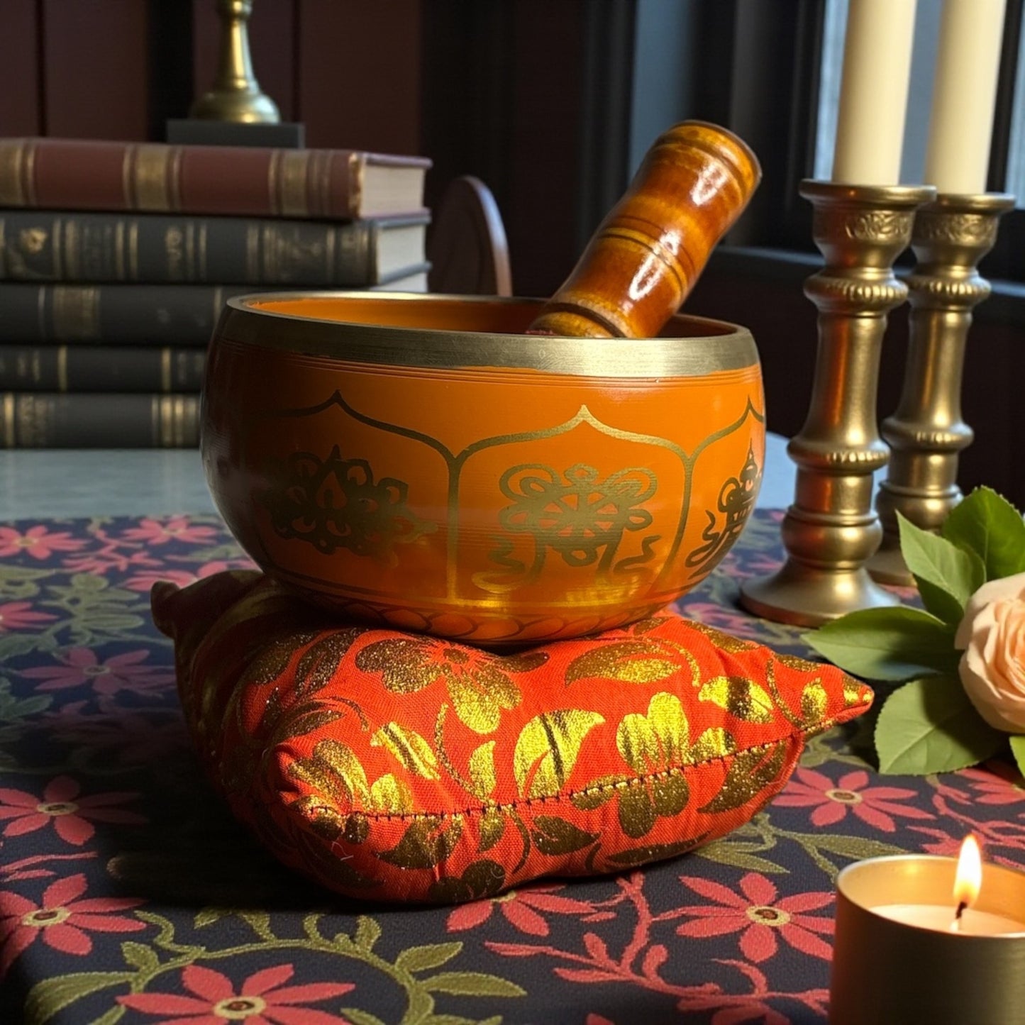 Brass Singing Bowl – Orange Colour with 8 Lucky Symbols Engraved