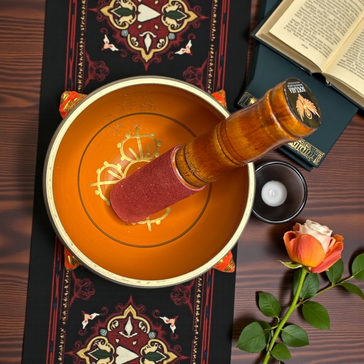 Brass Singing Bowl – Orange Colour with 8 Lucky Symbols Engraved