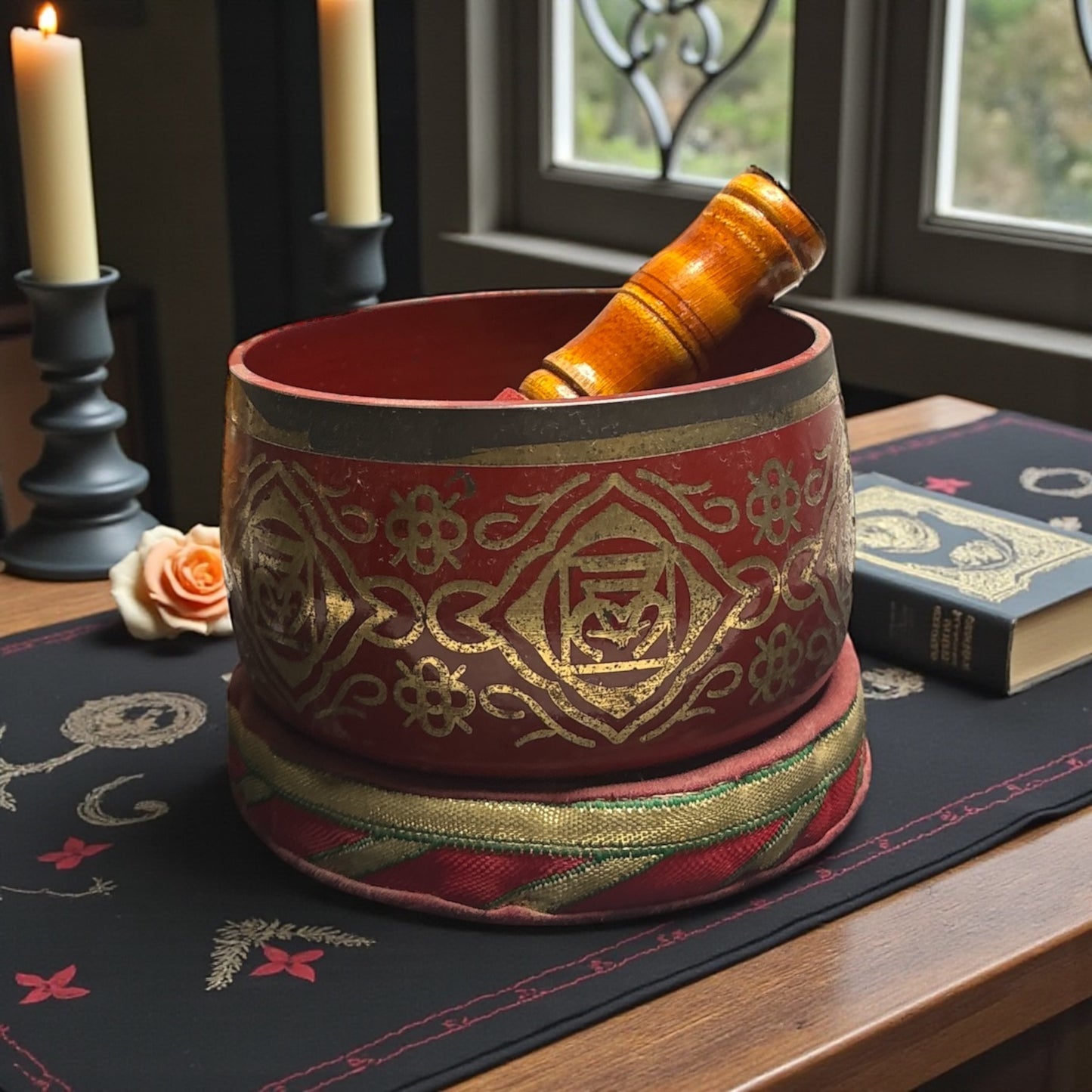 Brass Singing Bowl – Red Colour with Root Chakra Symbol