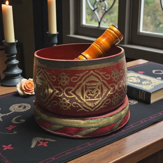 Brass Singing Bowl – Red Colour with Root Chakra Symbol