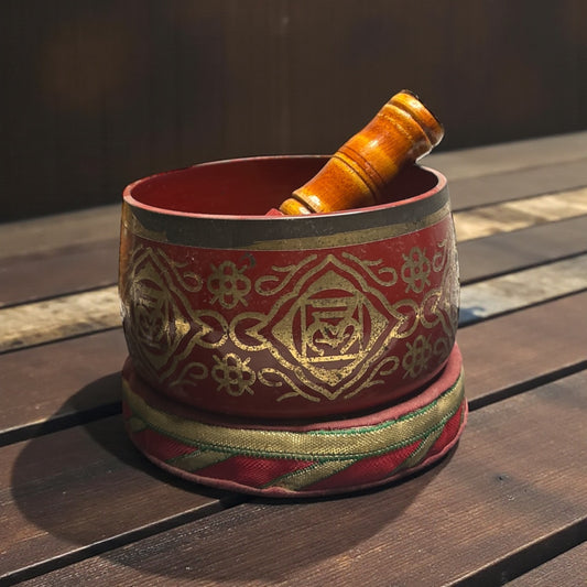 Brass Singing Bowl – Red Colour with Root Chakra Symbol