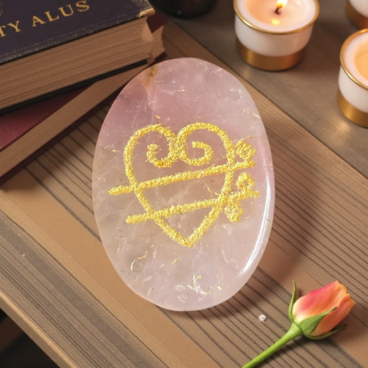 Zibu Symbol Palm Stone – Love Symbol Engraved on Rose Quartz