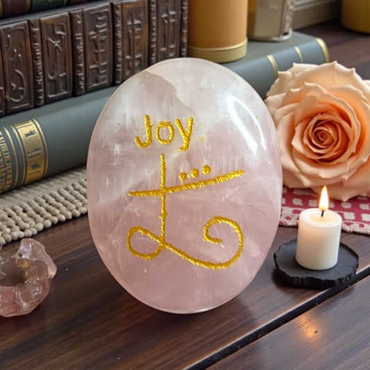 Zibu Symbol Palm Stone – Joy Symbol Engraved on Rose Quartz