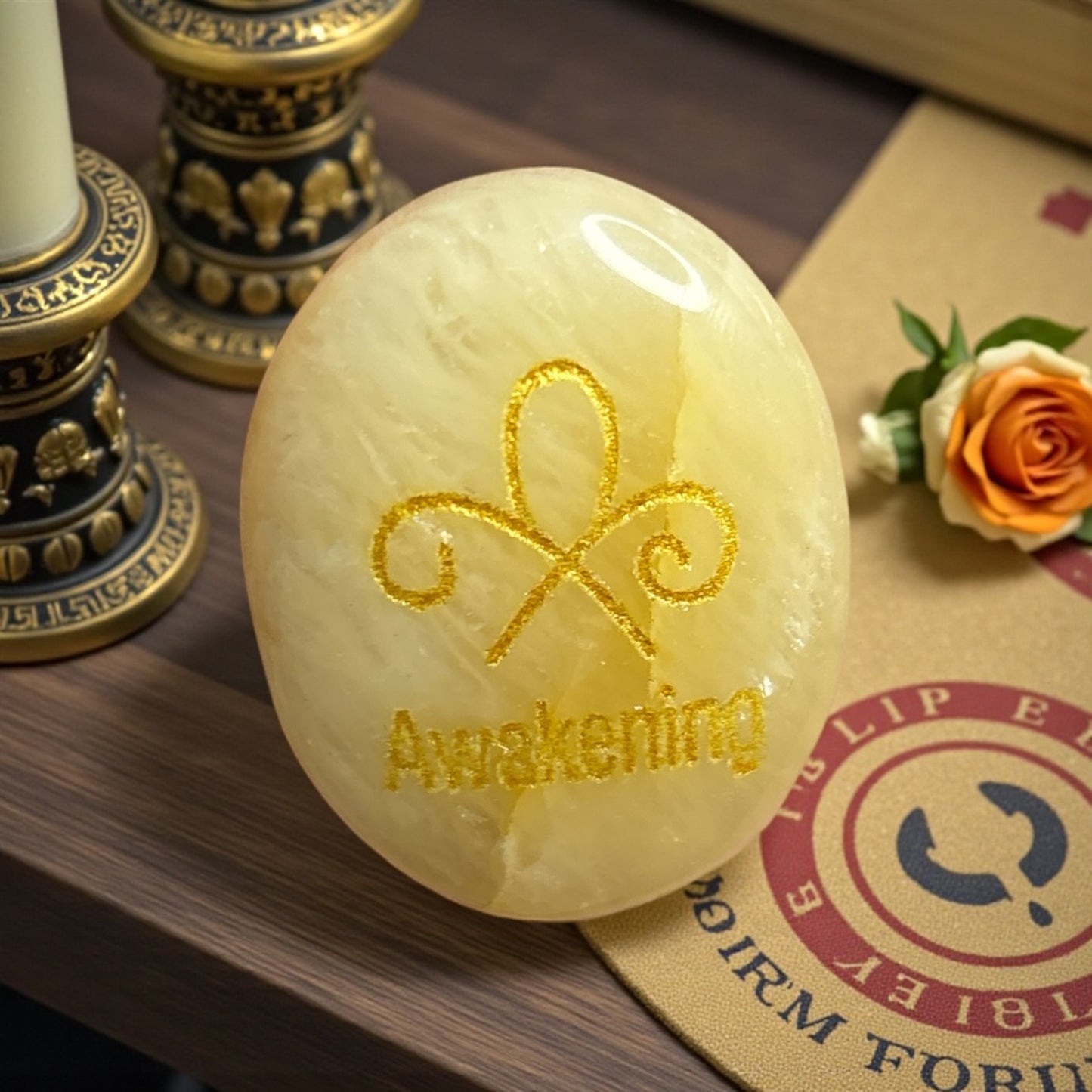 Zibu Symbol Palm Stone – Awakening Symbol Engraved on Citrine