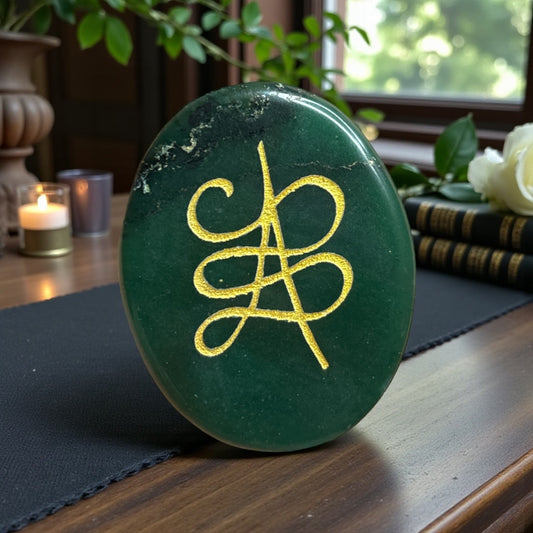 Zibu Symbol Palm Stone – Money Magnet Symbol Engraved on Green Aventurine