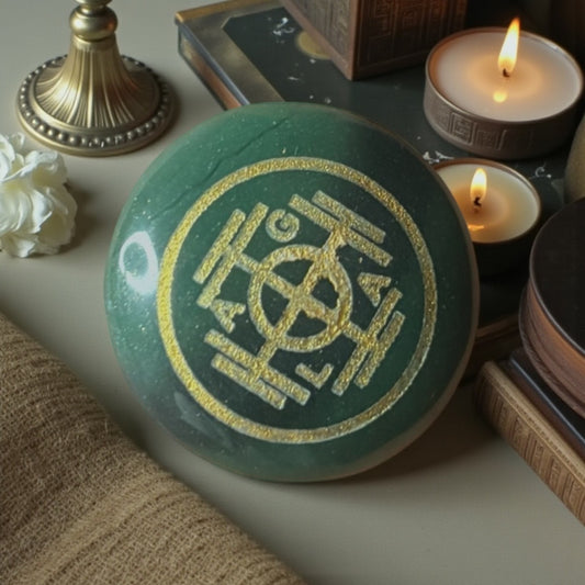 Zibu Symbol Palm Stone – Prosperity Symbol Engraved on Green Jade