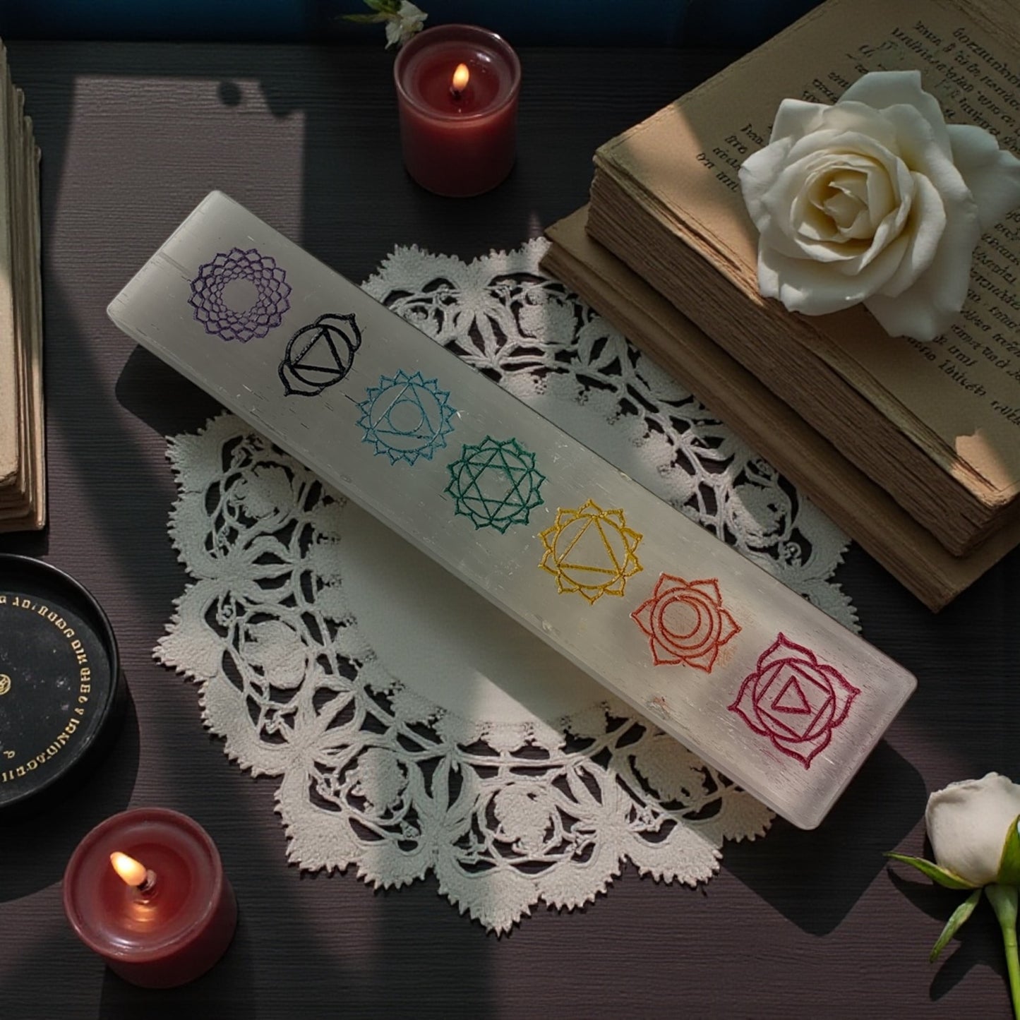 Selenite Strip with 7 Chakra Symbols