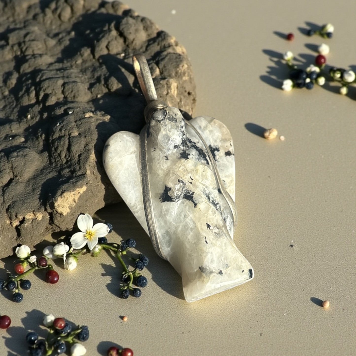 White Rainbow Moonstone Angel Pendant