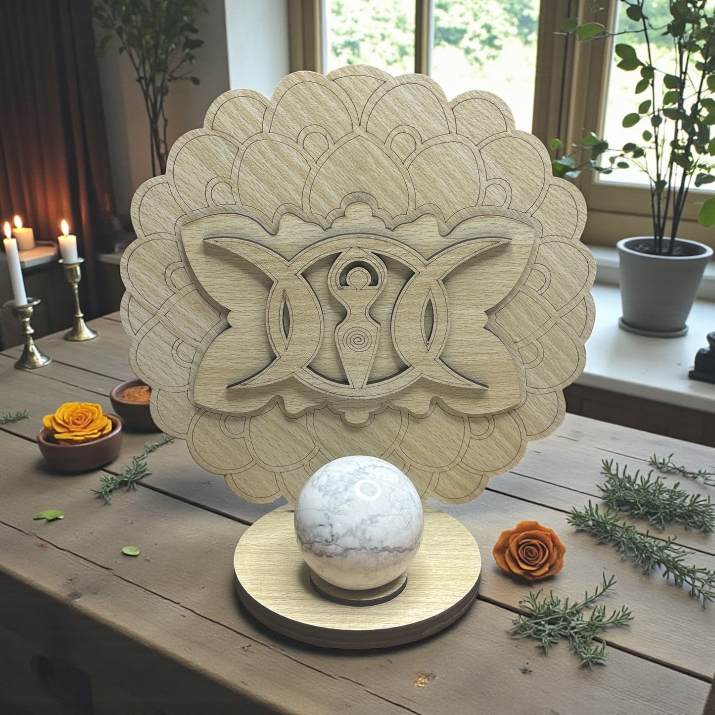 Howlite Sphere / Triple Moon Goddess Sphere Holder